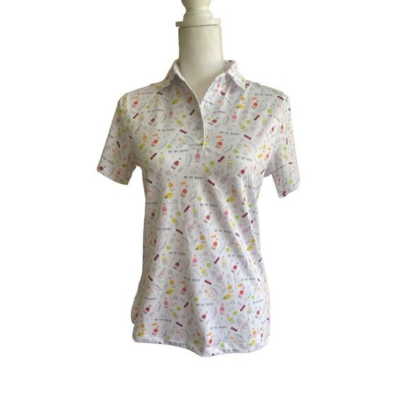 On The Rocks Women’s White Premium Cocktails Print Polo Shirt Size Small - Picture 1 of 9